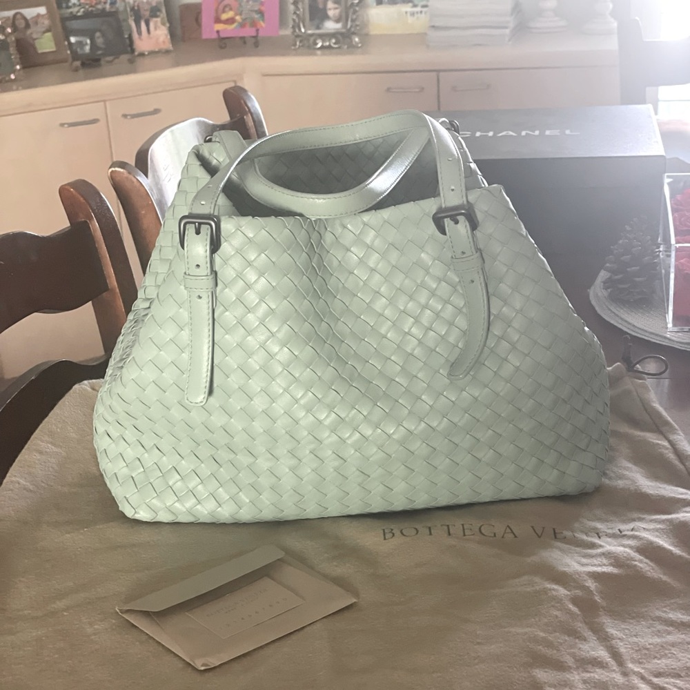 Bottega Veneta Intrecciato supple leather shoulder bag in rare, cool aqua.